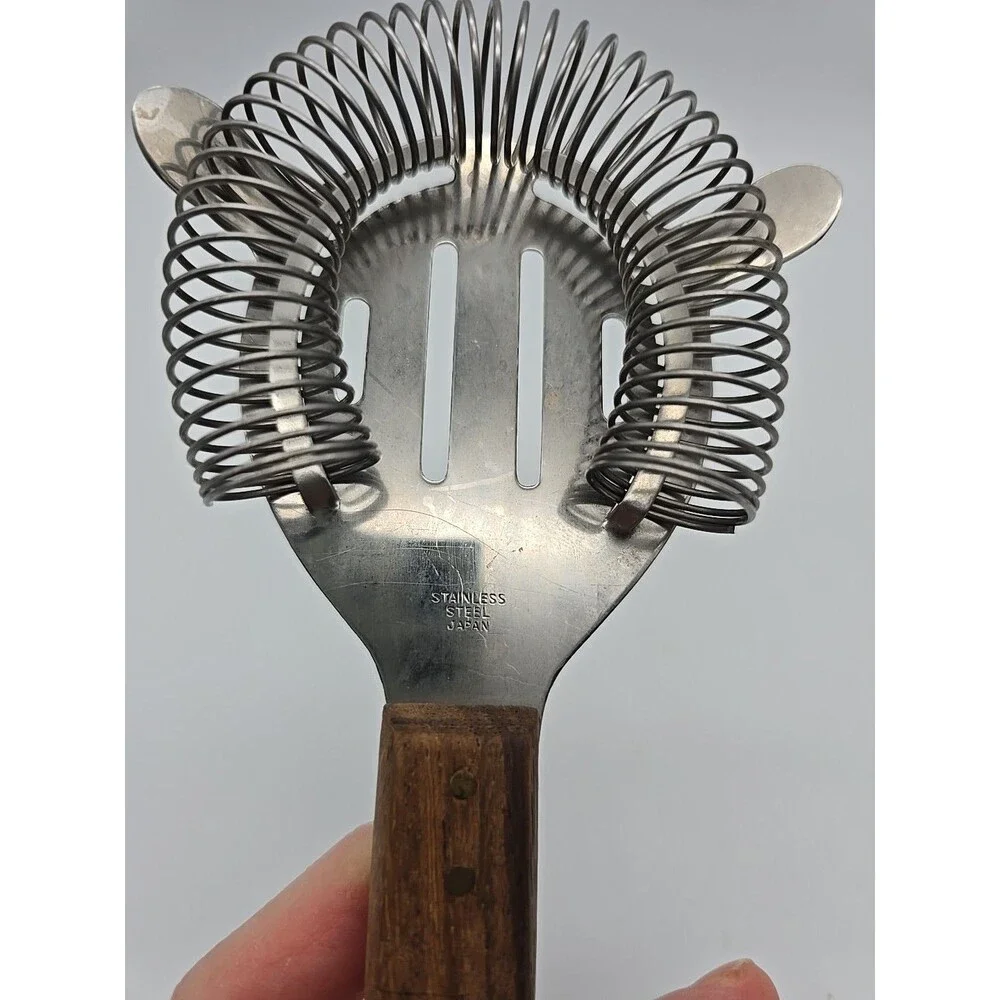 MCM Vintage Bar Tool Cocktail Strainer Stainless Steel Barware Japan Wood Handle
